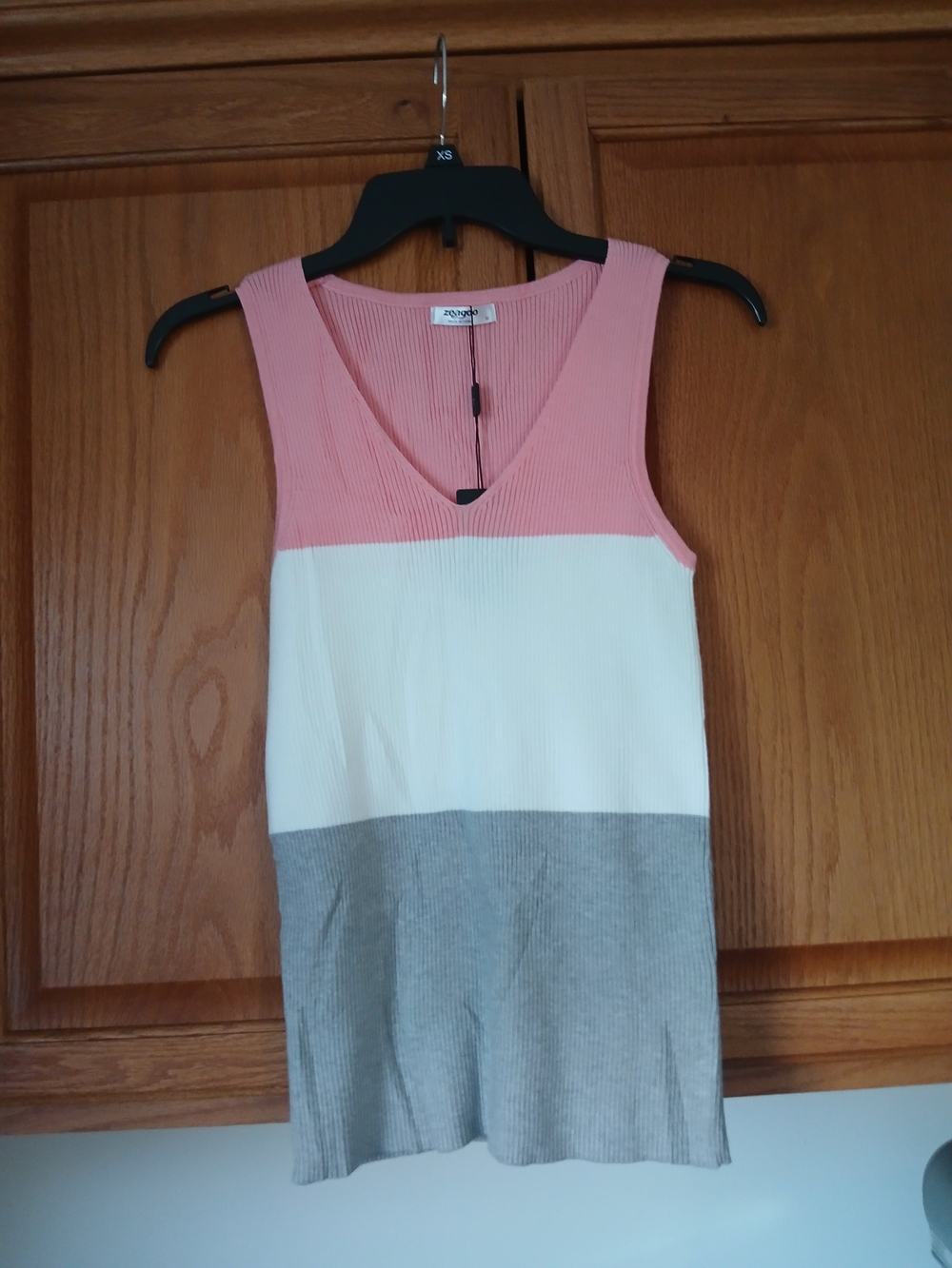 zeagoo Colorblock V-Neck Ribbed Tank Top - Pink, White, Gray